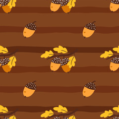 Cozy fall seamless vector pattern with oak leaves, acorns and forest elements. Perfect for woodland-inspired textiles, wrapping, and childrens clothing