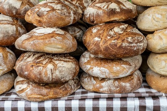 Artisanal bread loaves at market.