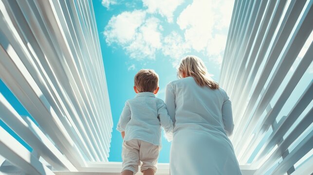 A mother and child ascend stairs, holding hands, aiming towards a bright blue sky filled with fluffy clouds, symbolizing hope, love, and the bond between generations.