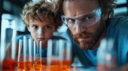 A father and his young son closely observe colorful liquids in test tubes, showcasing their curiosity and bond through a shared scientific adventure.