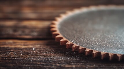 An intricate close-up of a saw blade resting on a wooden surface reveals details of craftsmanship and the beauty of industrial tools in a rustic setting.