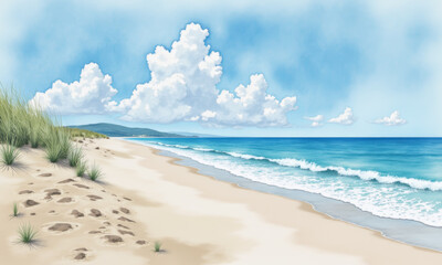 Watercolor Painting of a Quiet Beach on July 2nd Soft Washes of Blue and Sand Color