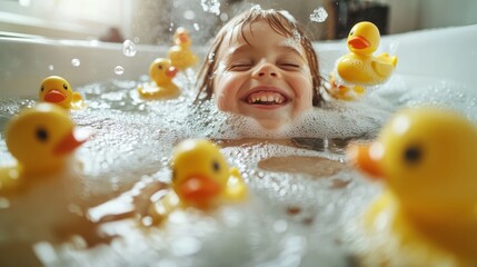 A happy child enjoying bath time splashed with bubbles and surrounded by cheerful rubber duck toys, capturing pure joy and innocence in a playful setting.