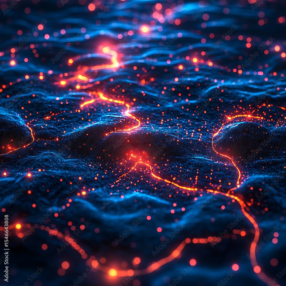 Poster abstract digital terrain featuring illuminated circuitry and glowing particle effects photo