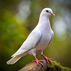 Fototapeta premium A white dove perches on a mossy branch in a natural setting
