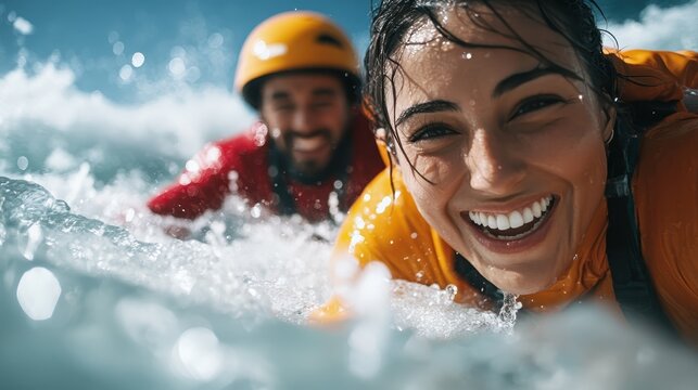 Two surfers joyfully ride crashing waves under the sun, capturing the thrill and excitement of surfing in a vibrant ocean environment full of energy and laughter. - Powered by Adobe