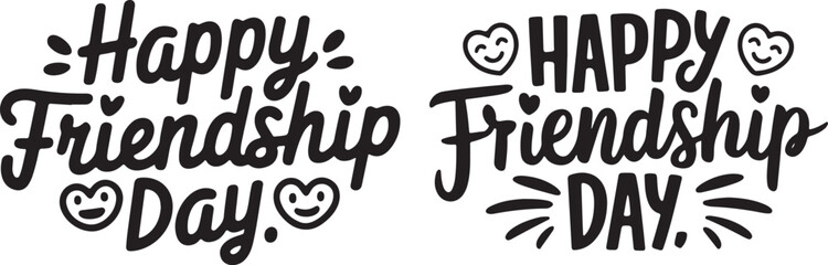 Happy Friendship Day Black Silhouette Typography set with Smiling Heart Icons – Vector Greeting Design