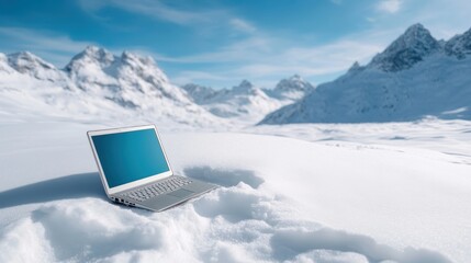 A laptop rests on a snowy landscape surrounded by majestic mountains, symbolizing the blend of technology and nature, invoking a sense of inspiration and solitude in the wild.