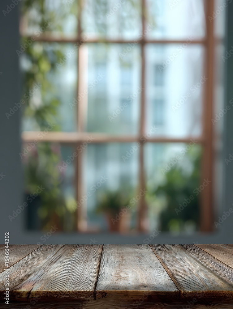 Poster a table background with open space and a softly blurred window.