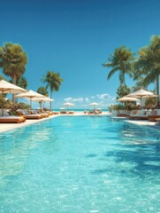 panoramic holiday landscape luxury beach poolside resort hotel swimming pool beach chairs beds umbrellas palm trees relax lifestyle blue sunny sky summer island seaside leisure travel vacation