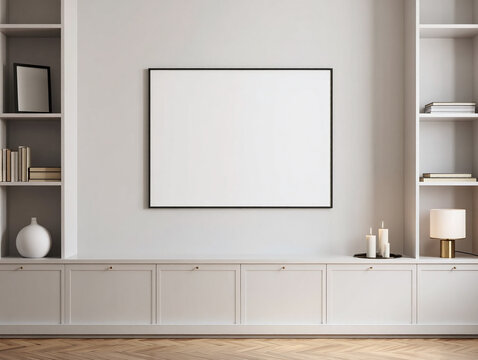 Modern minimalist living room with built in shelving and a blank framed picture for custom artwork display