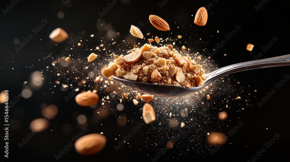 Poster a close-up image of a spoon flinging chopped almonds into the air, creating an artistic display of m