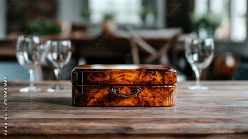 Poster showcasing a stunning wooden box with intricate patterns, the image captures its elegance set on a r