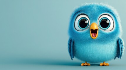 Fototapeta premium Cute cartoon blue bird with expressive eyes and open beak stands on blue background, copy space