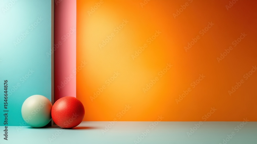Poster a minimalist composition featuring two spherical shapes in striking colors against a vibrant backdro
