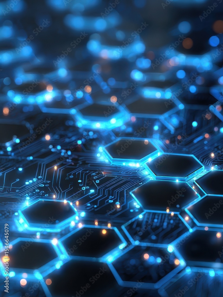 Poster an abstract technology background with a network of glowing blue hexagons and electronic circuitry e