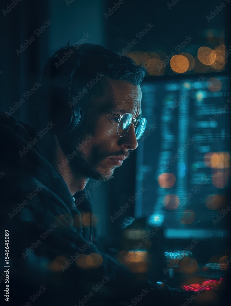Poster capturing a focused individual deeply engrossed in software development on his computer during the n