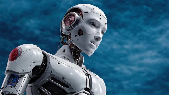 White robot thinking and touching its chin: artificial intelligence and robotics