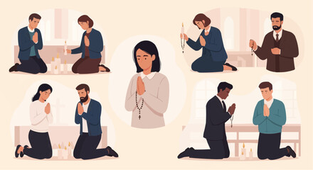 People kneeling in prayer – spiritual faith and devotion illustration in flat design.
