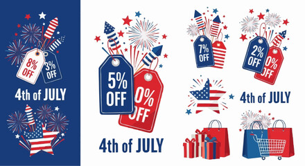 4th of July sale with USA-themed decorations – American Independence Day discount and offer banners.