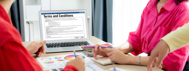 Digital legal contract provide terms and conditions document on computer screen ready for online...
