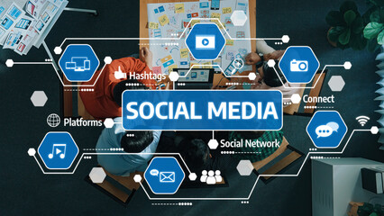 Naklejka na ściany i meble Engaging Social Media Strategies for Business Growth with Collaborative Tools, Visuals, and Networking Opportunities in a Modern Workspace. Amity