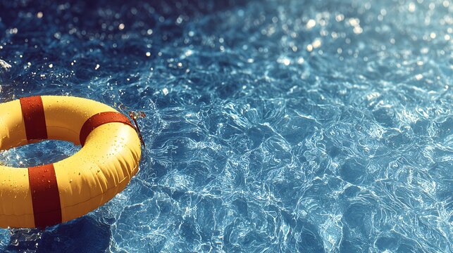 Yellow lifebuoy floating on sparkling blue water surface