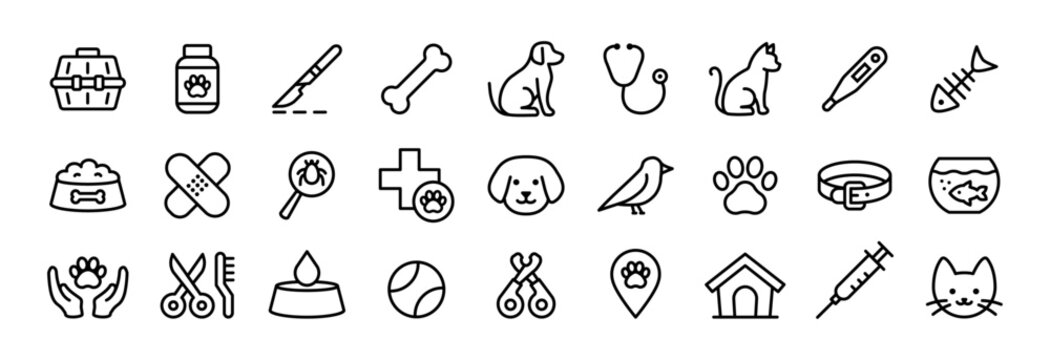 Pets and veterinary -  line icon set with editable stroke. Vet services outline icons. Vector Illustration	