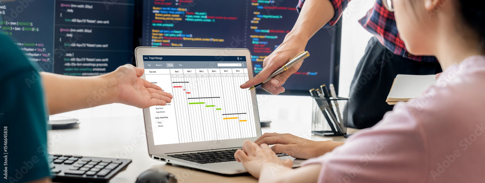 Poster project planning software for brisk business project management on the computer screen showing timel