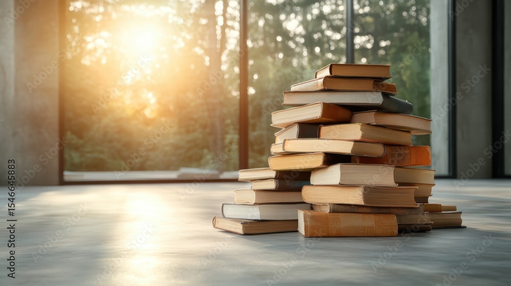 Poster an artistic view of a stack of books arranged on a smooth floor, beautifully illuminated by sunlight
