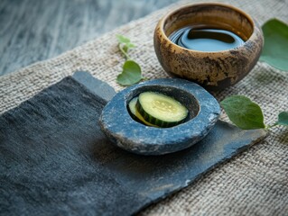 Few slices of cucumber in the stone bowl and balsamic vinegar on the side. 