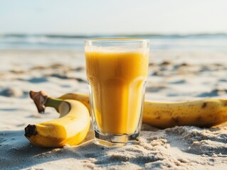 Banana juice in the glass and two bananas on the beach.