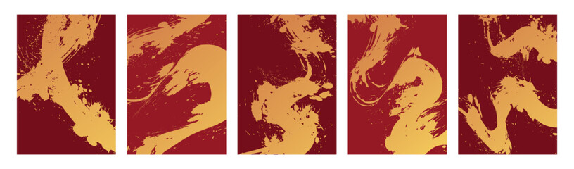 Set of luxury cards with abstract brush strokes of gold color on red background and splash textures. Suitable for festive backgrounds and elegant design projects, vector illustration
