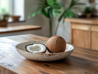 Coconut in the bowl on the table in the nice kitchen.
