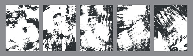 Set of abstract monochrome grunge textures with distressed, scratched and rough patterns for vintage style backdrops and design overlays, vector illustration