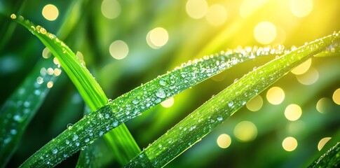 Naklejka premium Close-up Green Grass Blades with Dew Drops in Bright Sunlight