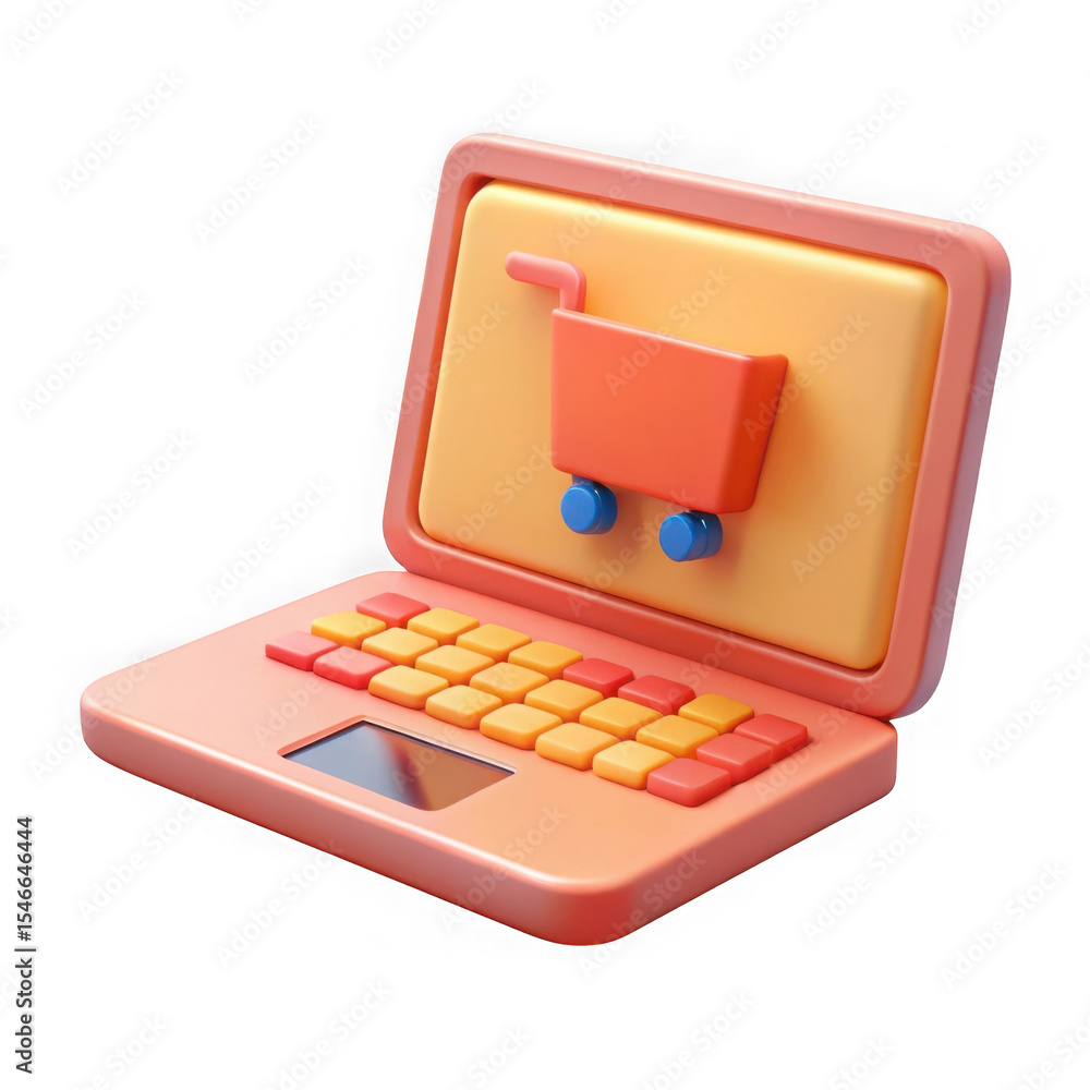 Poster 3d rendering of a laptop with shopping cart symbol isolated on transparent background