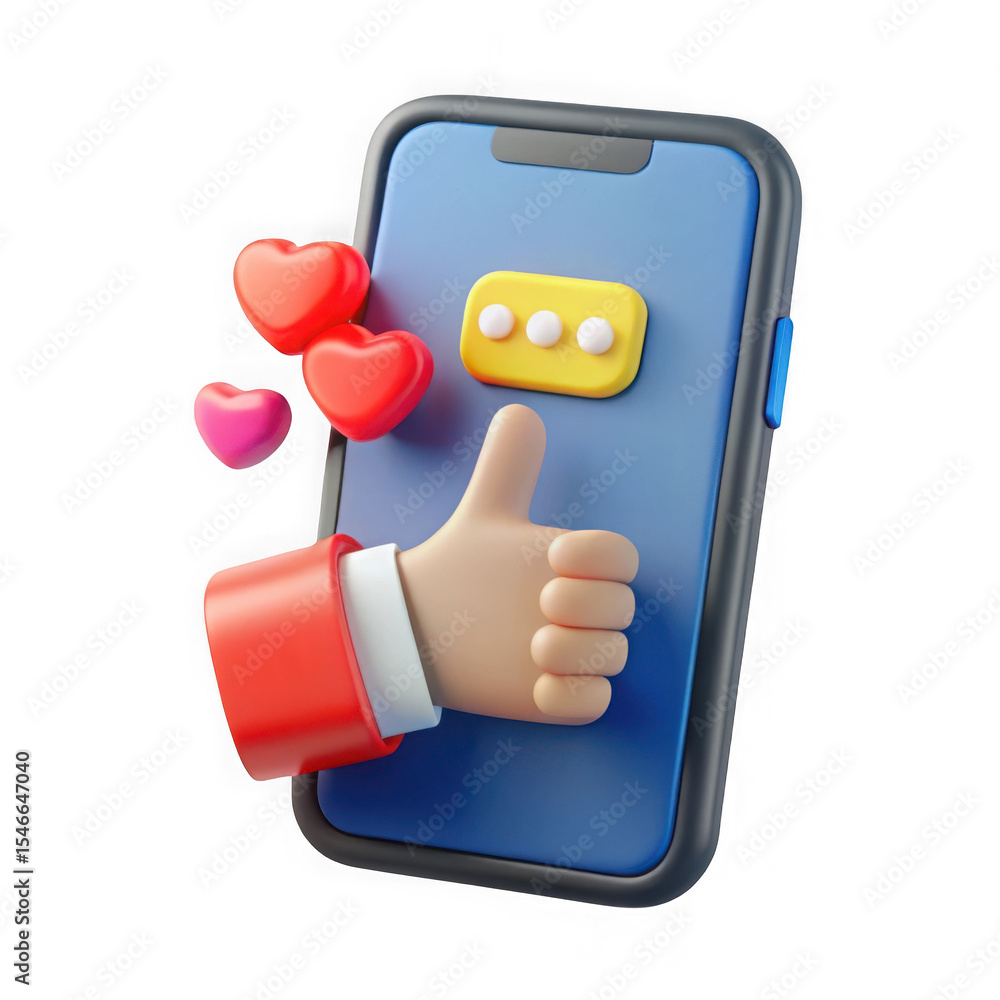Poster 3d rendering of smartphone with thumbs up hand and floating hearts isolated on transparent backgroun