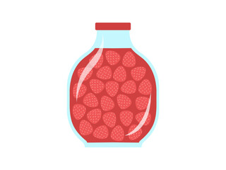Glass jar with homemade strawberry jam, isolated on white background.