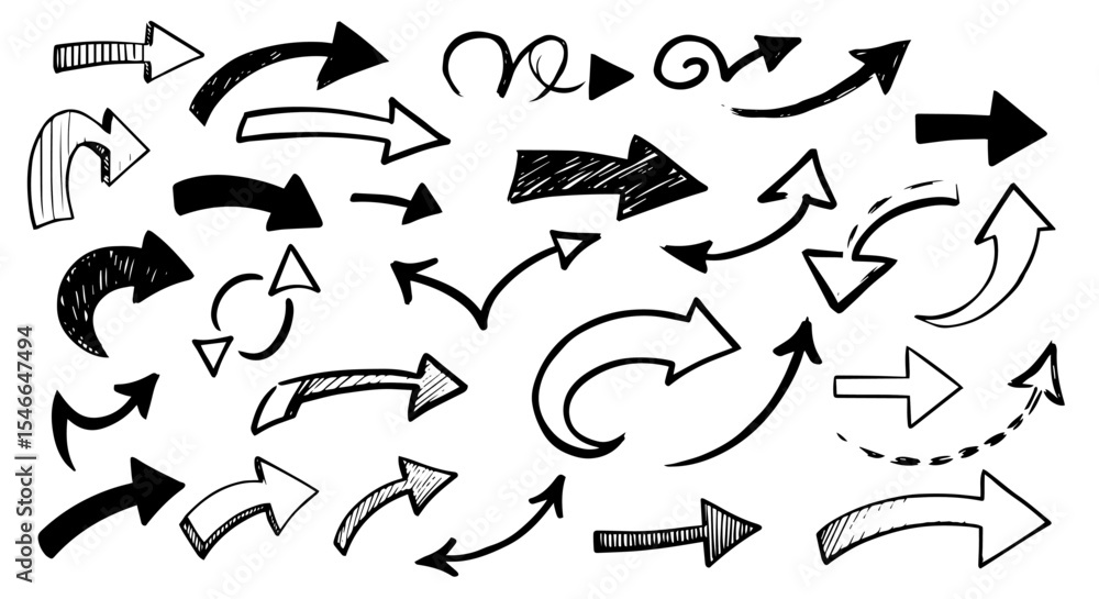 Aufkleber hand drawn arrows set. collection of various sketched arrows pointing in different directions. perfe