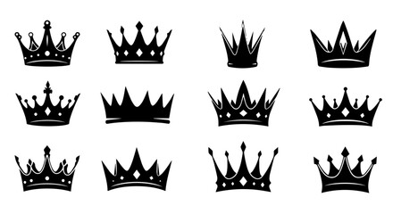 Twelve royal crowns set. Elegant crown collection includes various styles and shapes. Perfect crown designs for branding, invitations, or royal themed projects.