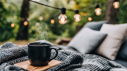 Steaming coffee mug creating cozy atmosphere outdoors
