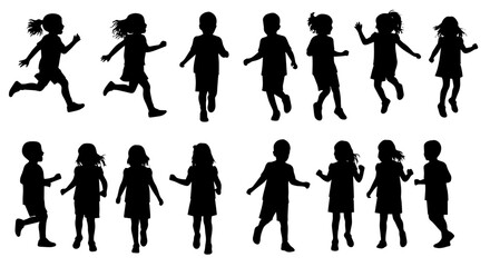 Happy children silhouettes collection running and jumping.  Silhouettes of kids playing joyfully, perfect for kindergarten posters or children's book illustrations.