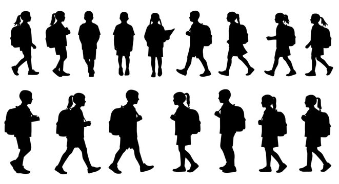 School children silhouettes collection. Diverse kids with backpacks walking to school.  Back to school concept for educational projects, websites, and classroom materials.