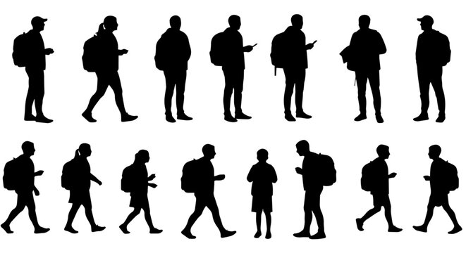 Collection of diverse student silhouettes with backpacks, standing and walking. Students are using smartphones and carrying books.