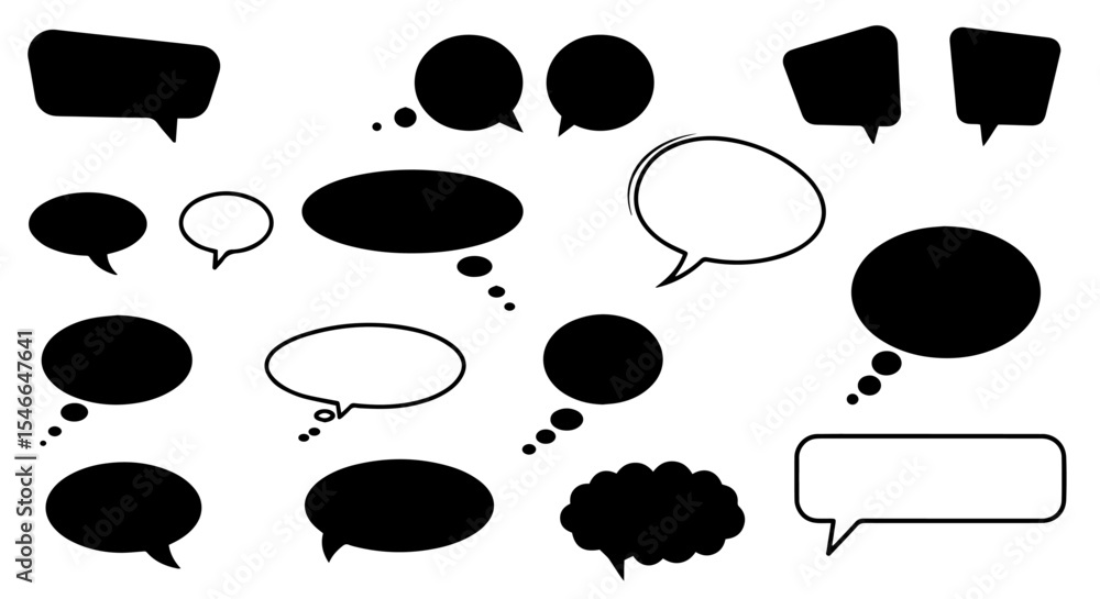 Poster collection of black and white speech bubbles. set of blank dialogue boxes for communication and conv