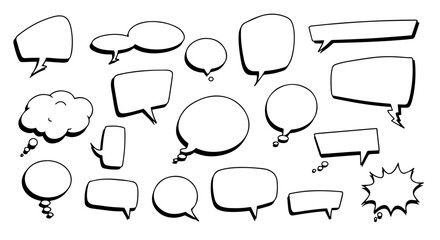 Fototapeta premium Collection of hand drawn speech bubbles for communication design. Set of various shapes and sizes of blank speech bubbles perfect for adding text.