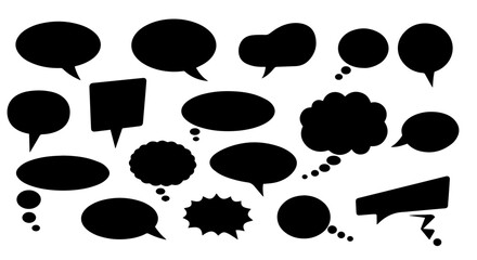 Fototapeta premium Collection of black speech bubbles for communication design. Set of various shapes and sizes of blank speech bubbles perfect for adding text or dialogue.