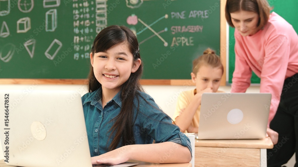 Poster smart asian girl looking at camera while coding engineering prompt. multicultural student learning a
