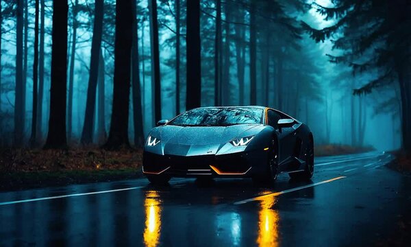A black sports car driving through a misty forest at night, with the car's headlights illuminating the road ahead.